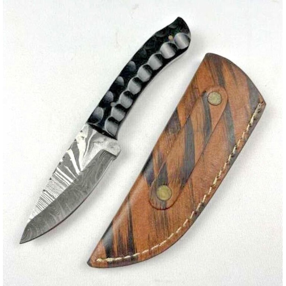 Damascus Steel fixed blade Knife HandCrafted Blade Lthr Sheath Collectible NEW 7